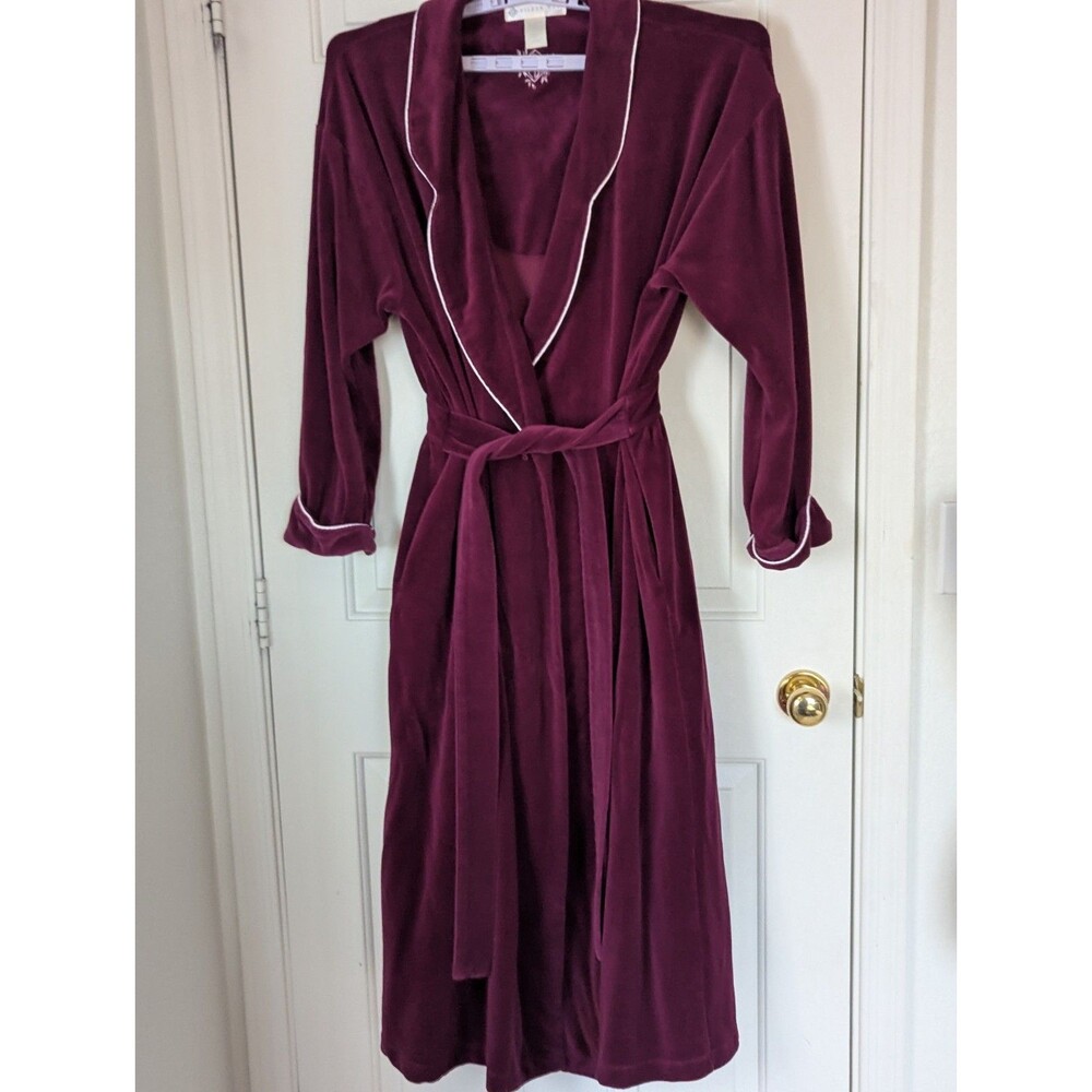 VTG Eileen West Velour Long Robe Womens Large Maroon Belted Stretch Back Lounge